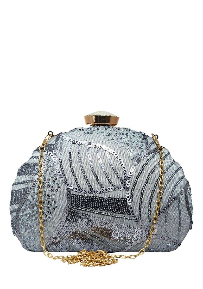 Grey Satin Embellished Box Clutch - Indya