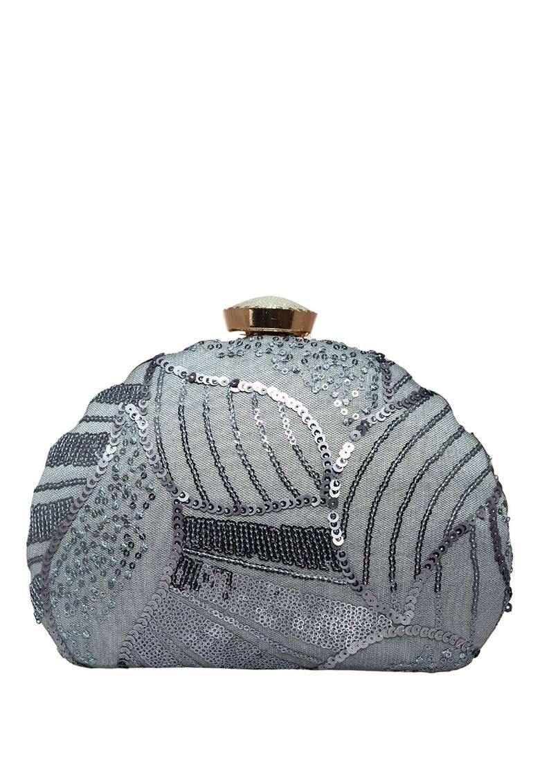 Grey Satin Embellished Box Clutch - Indya