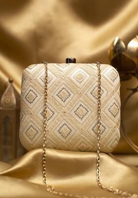 Cream Satin Embroidered Box Clutch