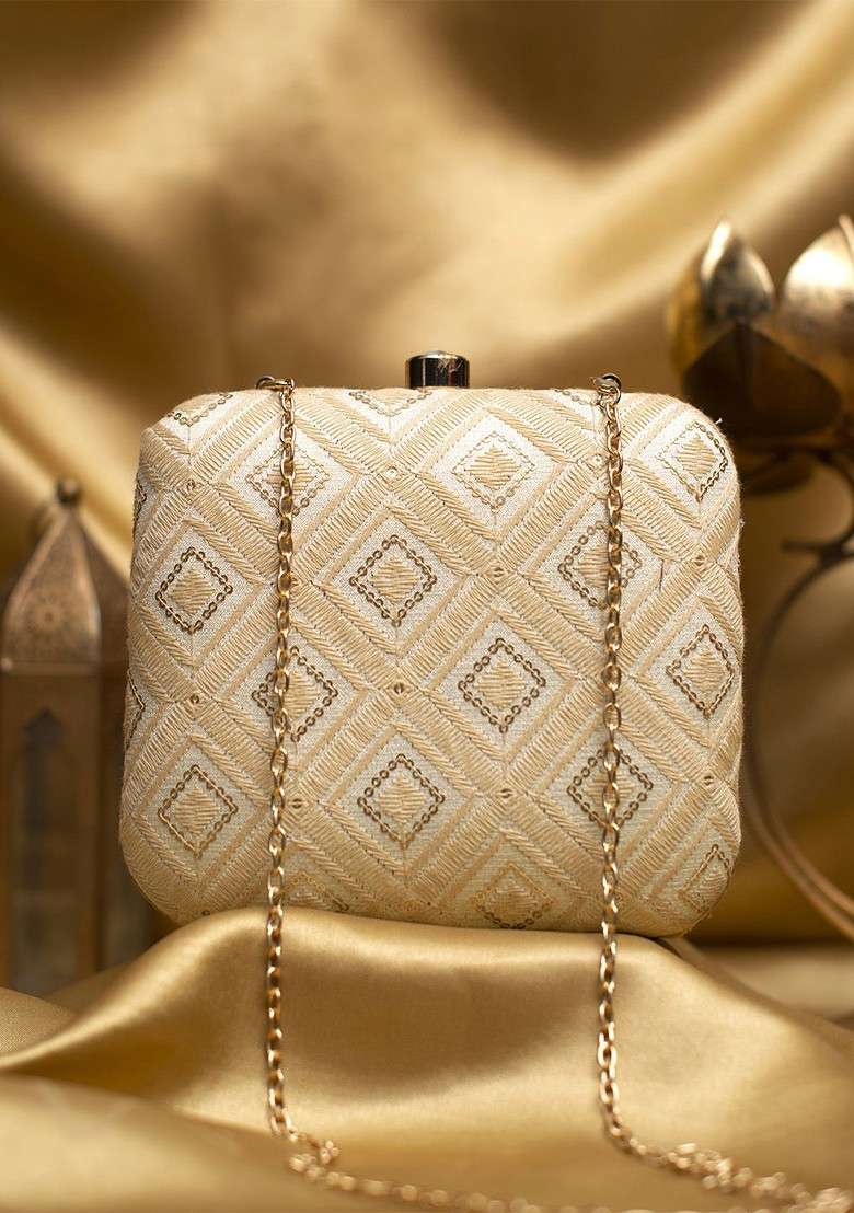 Cream Satin Embroidered Box Clutch - Indya