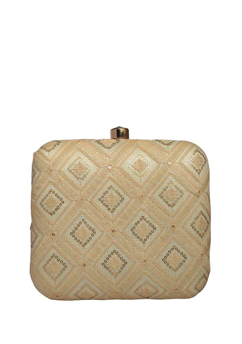 Cream Satin Embroidered Box Clutch - Indya