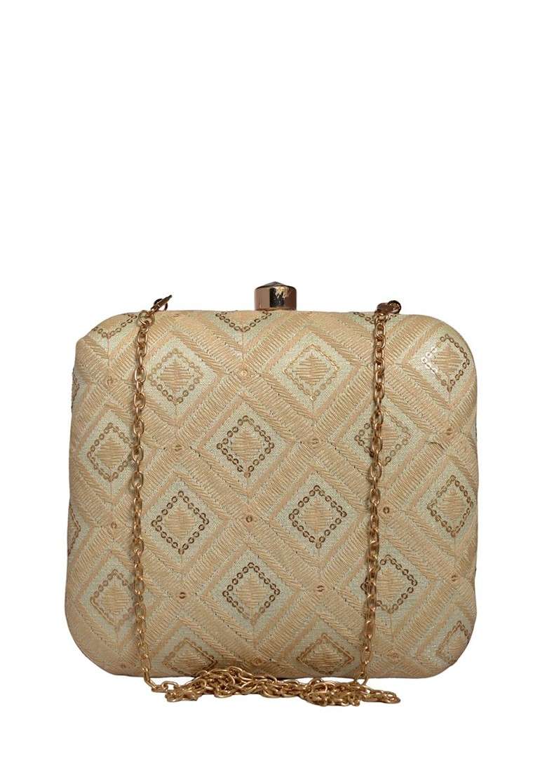 Cream Satin Embroidered Box Clutch - Indya
