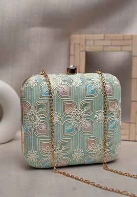 Blue Satin Embroidered Box Clutch