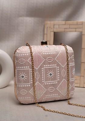 Pink Satin Embroidered Box Clutch