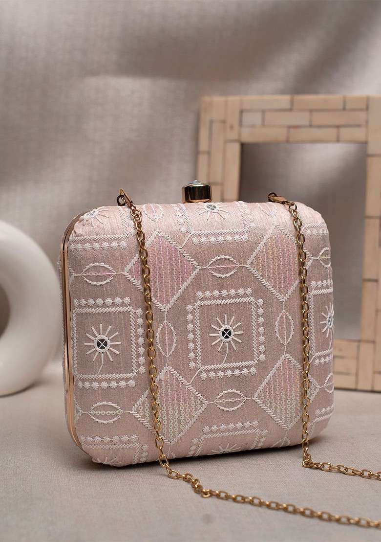 Pink Satin Embroidered Box Clutch - Indya
