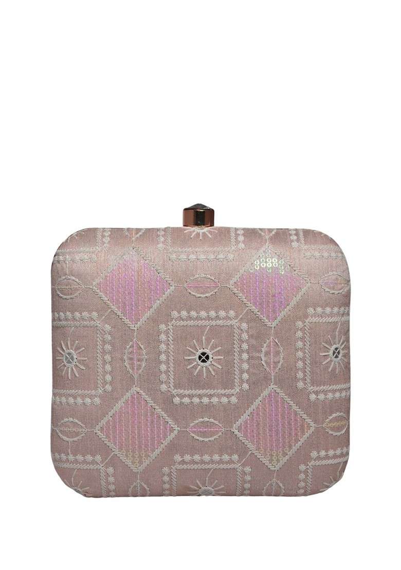 Pink Satin Embroidered Box Clutch - Indya