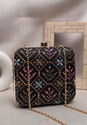 Black Satin Embroidered Box Clutch