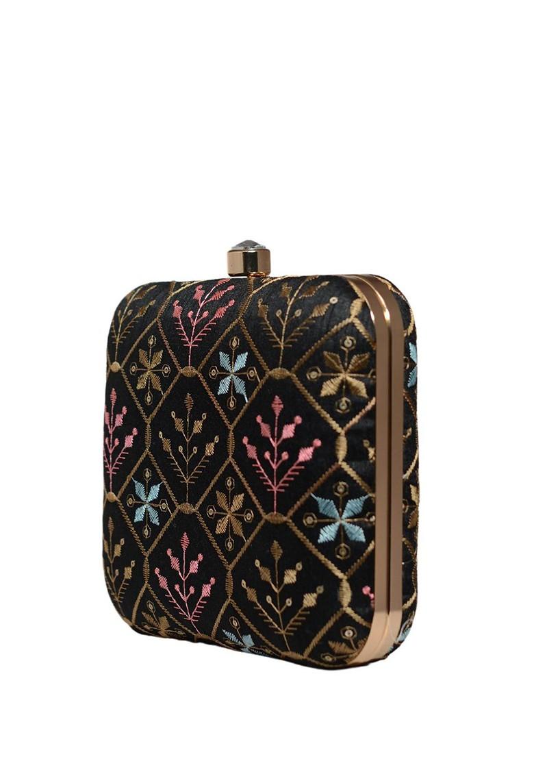 Black Satin Embroidered Box Clutch - Indya