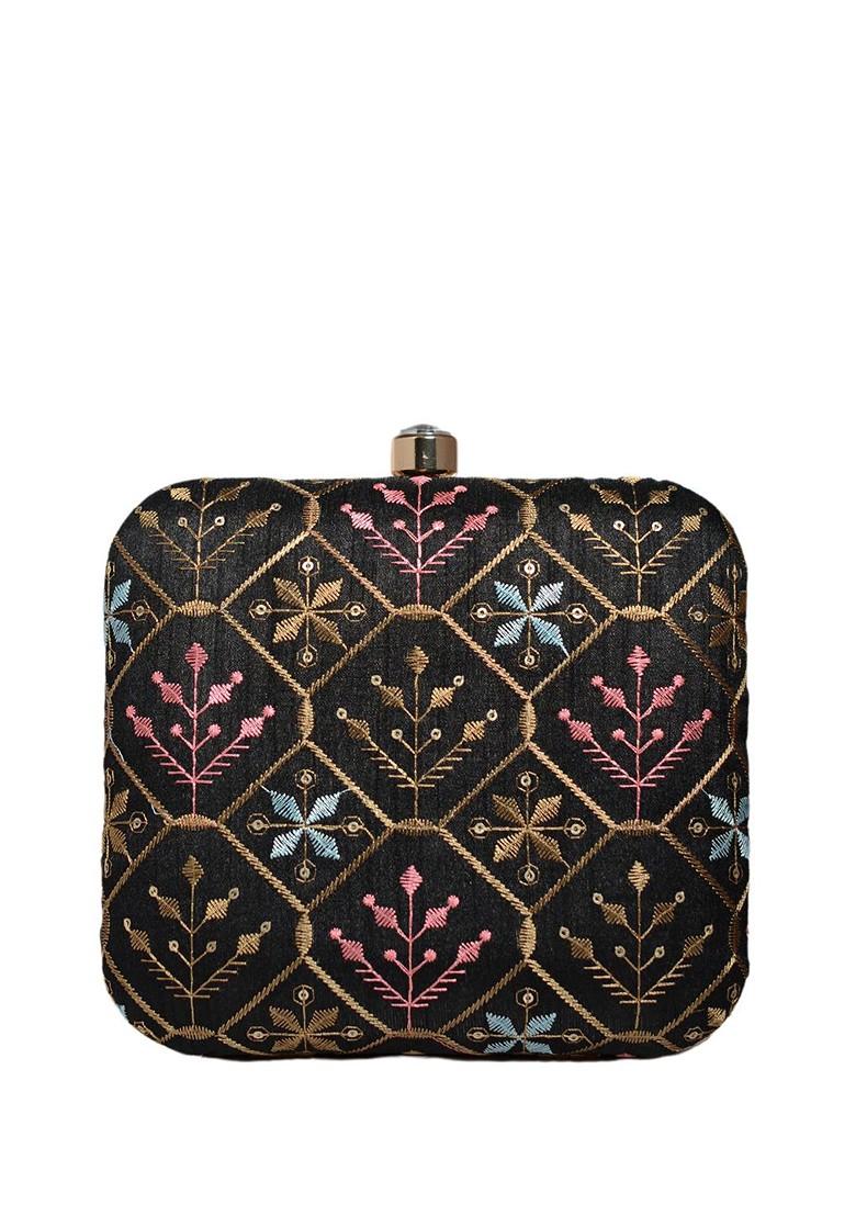 Black Satin Embroidered Box Clutch - Indya