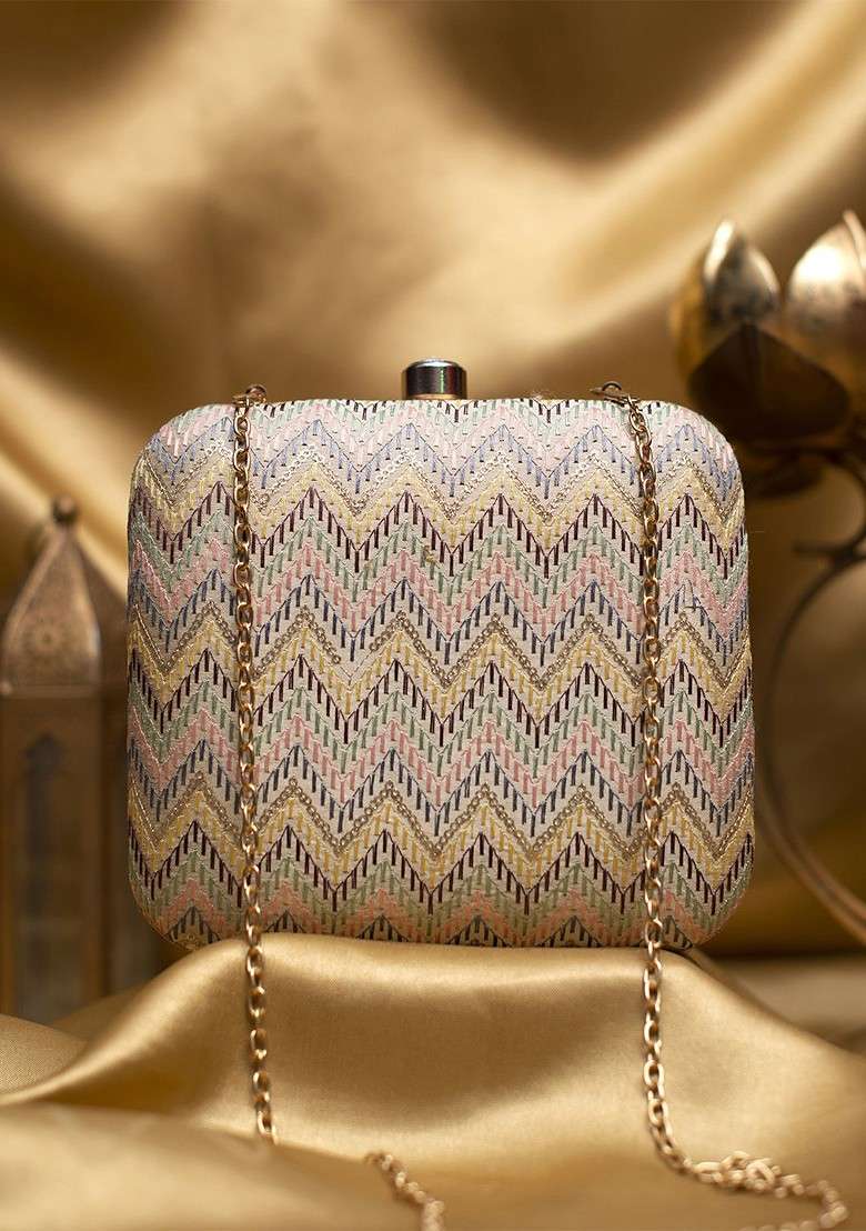 Beige Satin Embroidered Box Clutch - Indya