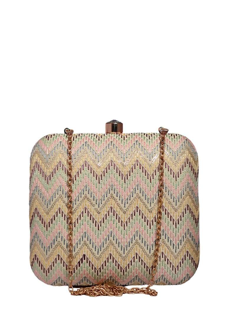 Beige Satin Embroidered Box Clutch - Indya