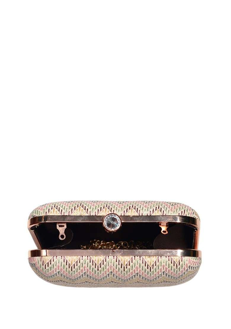 Beige Satin Embroidered Box Clutch - Indya