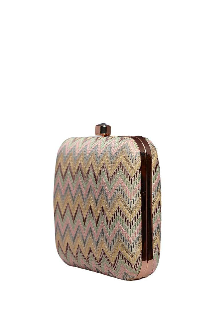 Beige Satin Embroidered Box Clutch - Indya