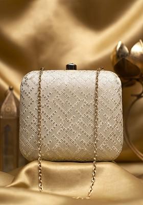 Off White Satin Embroidered Box Clutch