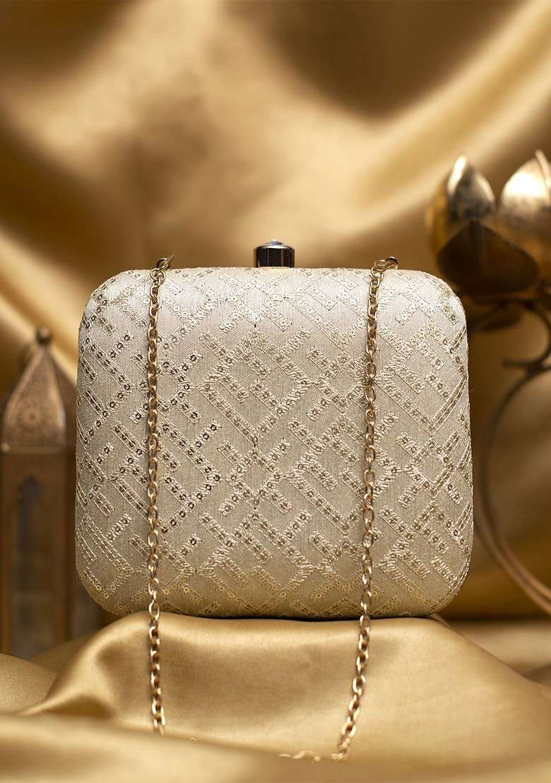 Off White Satin Embroidered Box Clutch - Indya