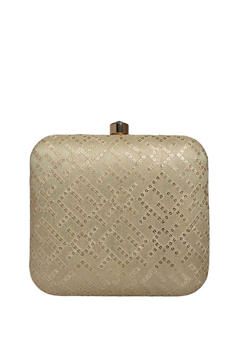 Off White Satin Embroidered Box Clutch - Indya