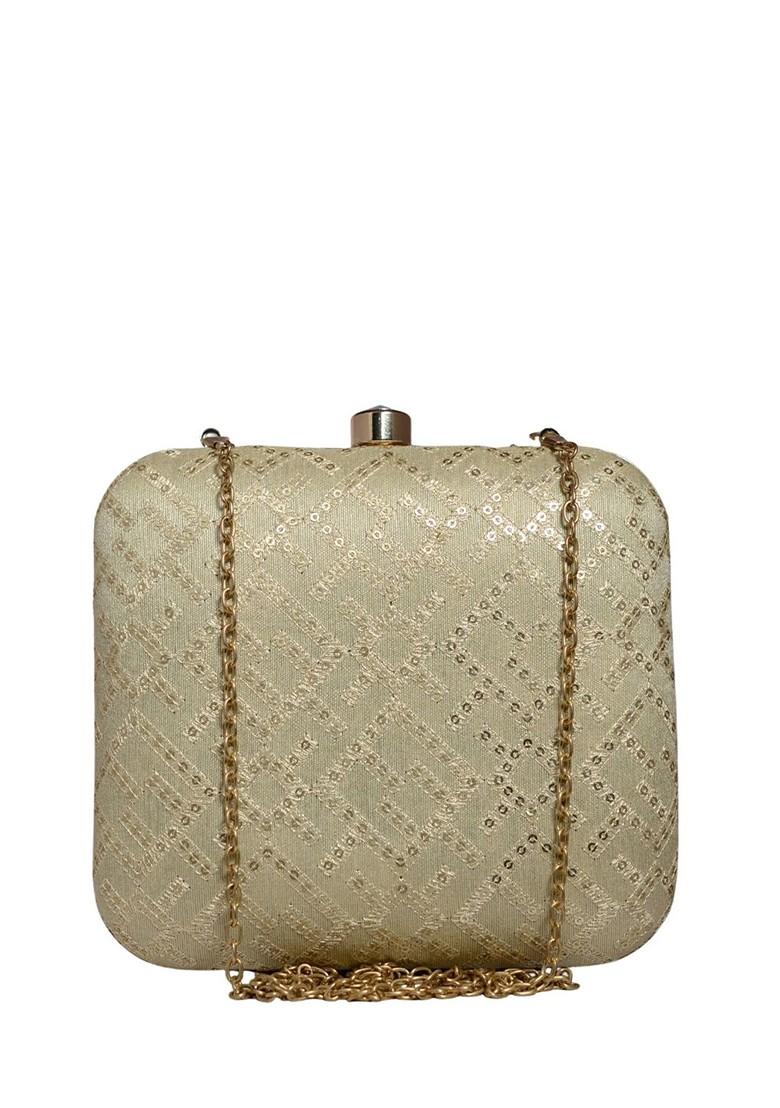 Off White Satin Embroidered Box Clutch - Indya