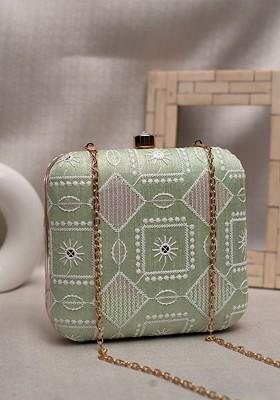 Green Satin Embroidered Box Clutch