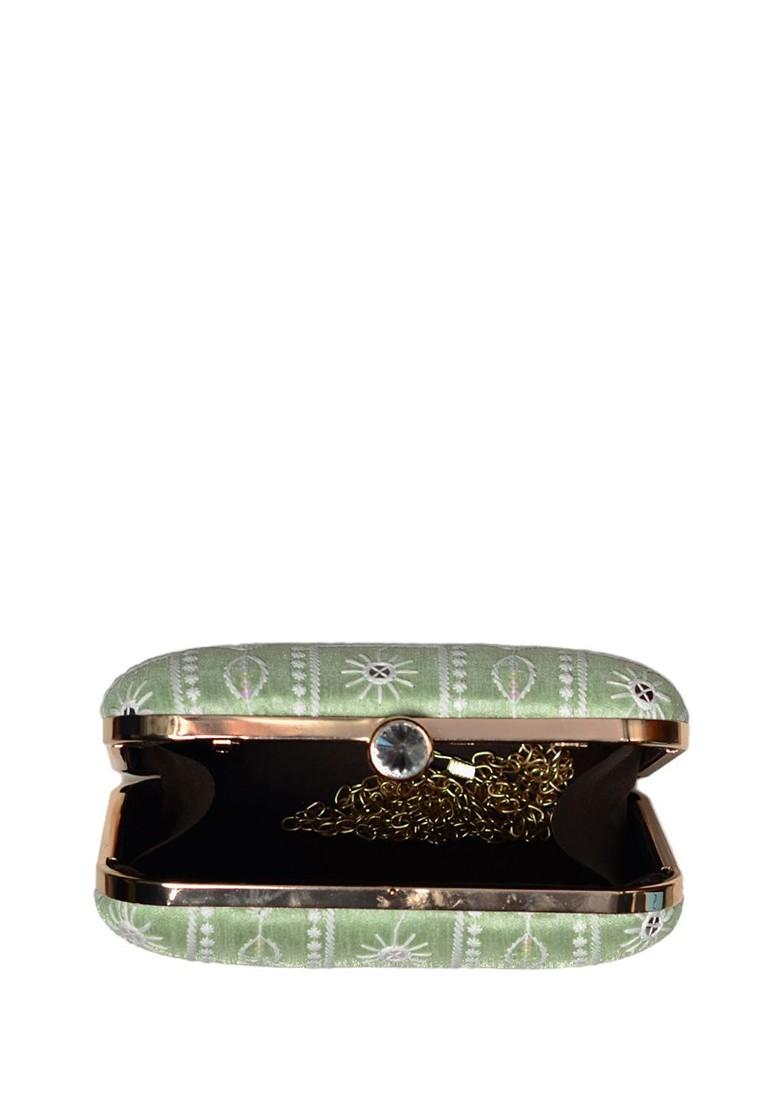 Green Satin Embroidered Box Clutch - Indya