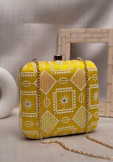 Yellow Satin Embroidered Box Clutch