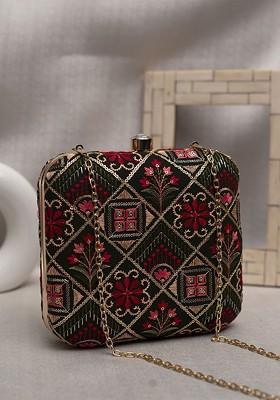 Black Satin Embroidered Box Clutch