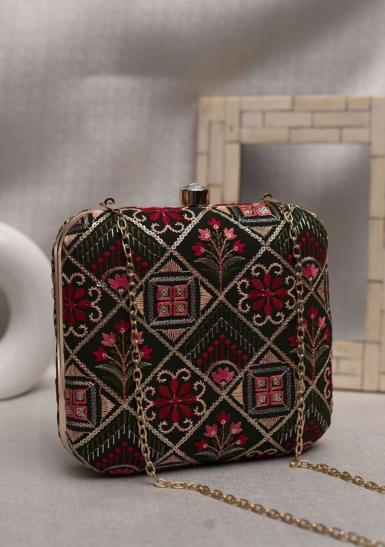 Black Satin Embroidered Box Clutch - Indya