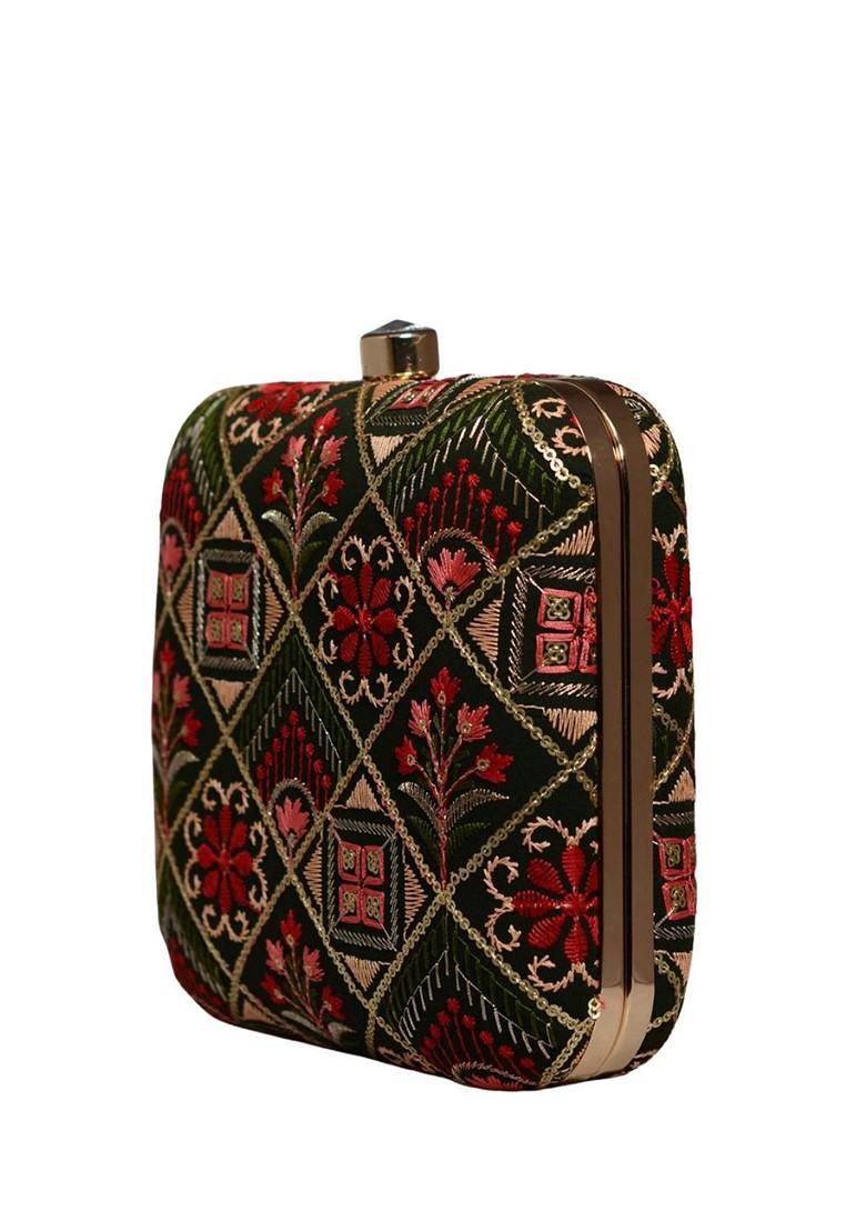 Black Satin Embroidered Box Clutch - Indya