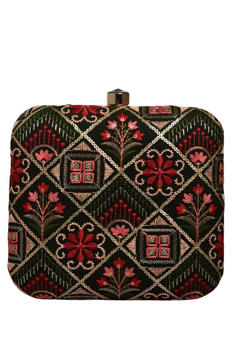 Black Satin Embroidered Box Clutch - Indya