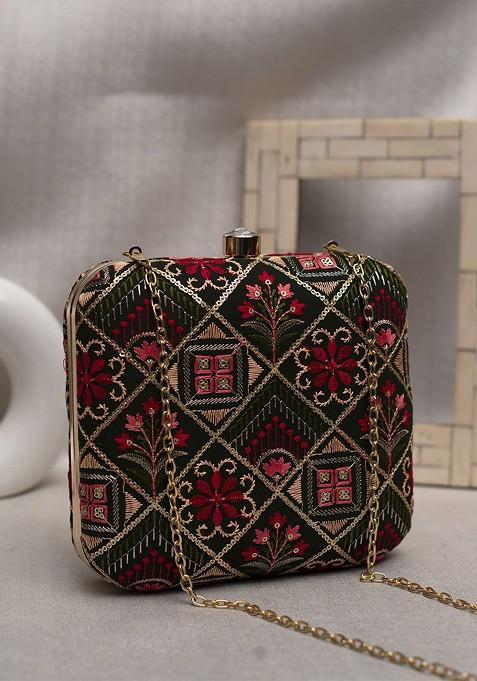 Black Satin Embroidered Box Clutch