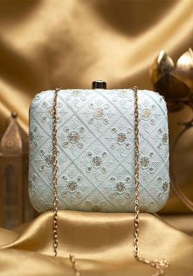 Blue Satin Embroidered Box Clutch