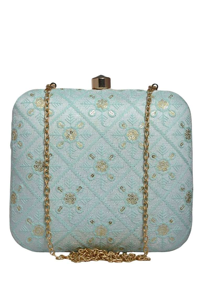 Blue Satin Embroidered Box Clutch - Indya