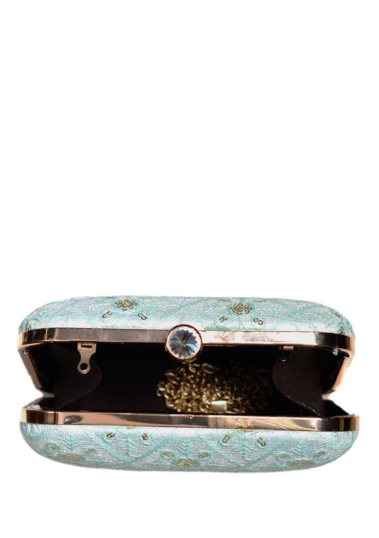 Blue Satin Embroidered Box Clutch - Indya