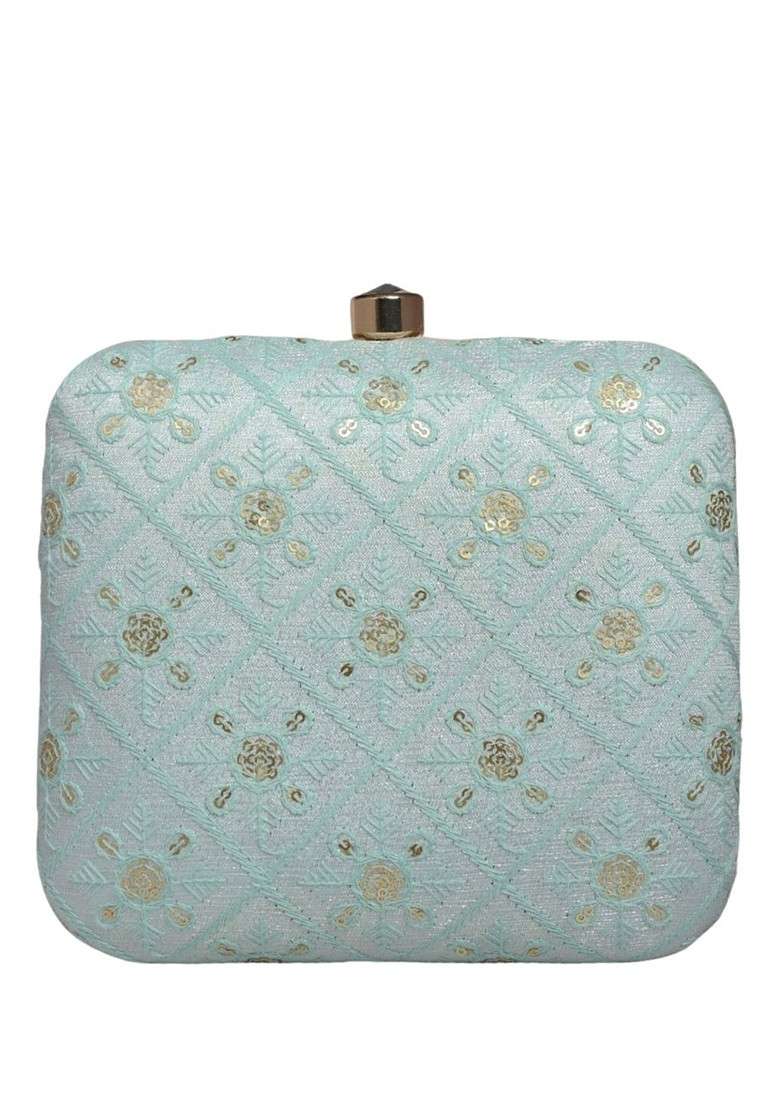 Blue Satin Embroidered Box Clutch - Indya