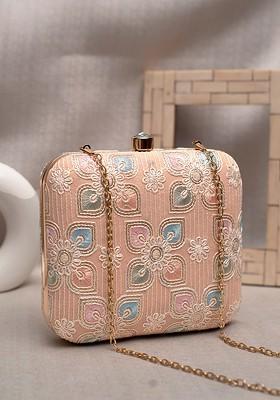 Peach Satin Embroidered Box Clutch