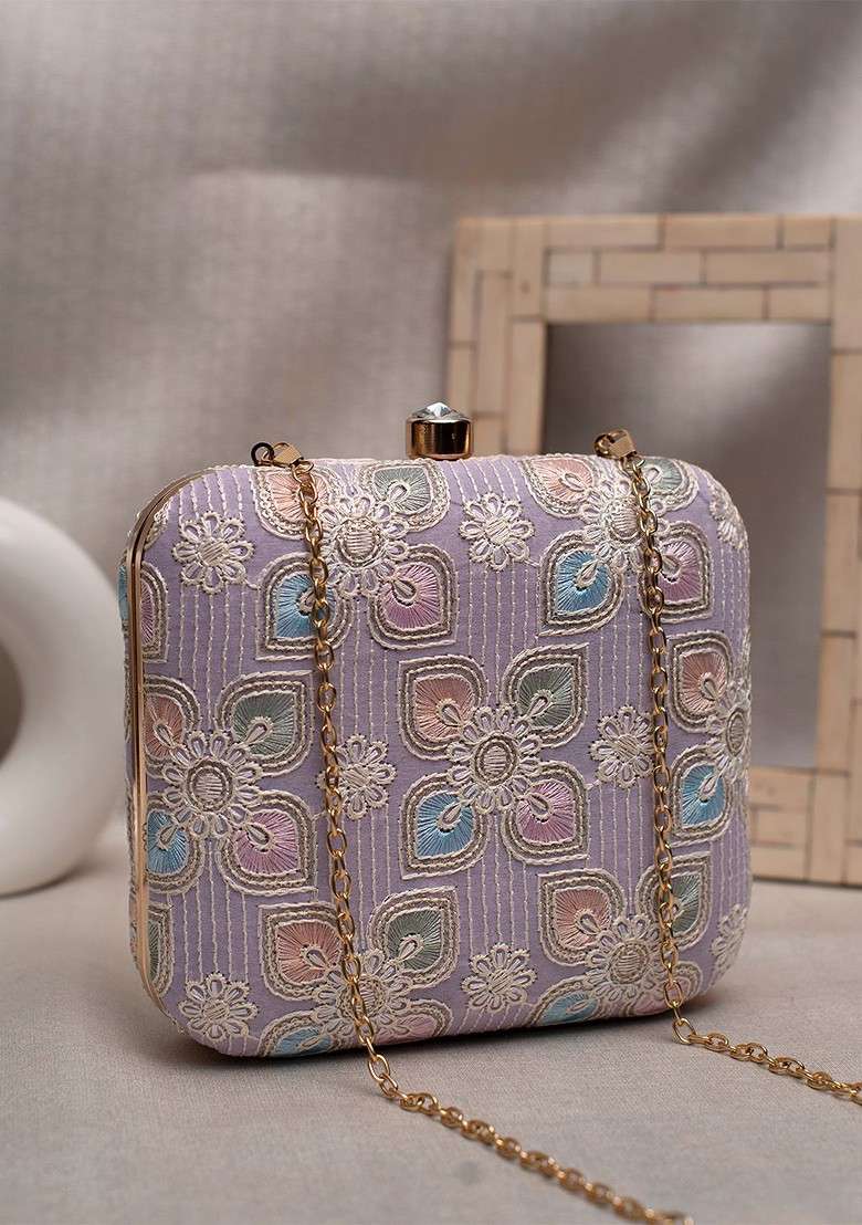 Lavender Satin Embroidered Box Clutch - Indya