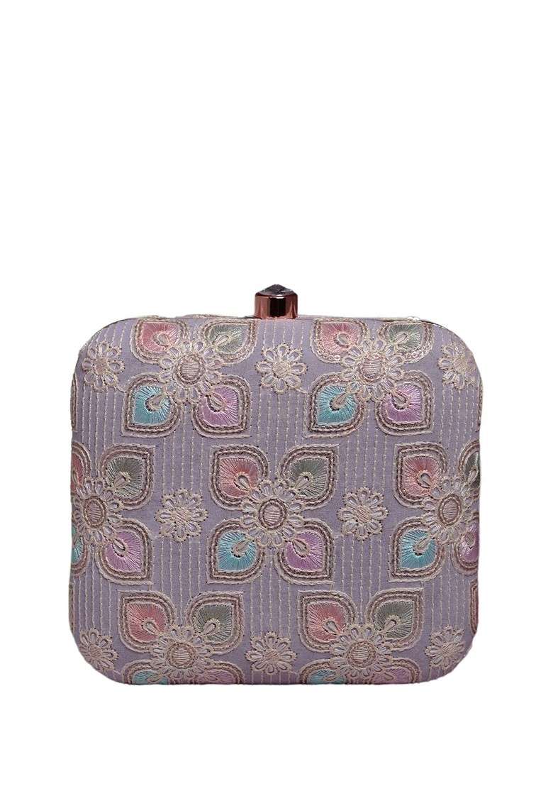 Lavender Satin Embroidered Box Clutch - Indya