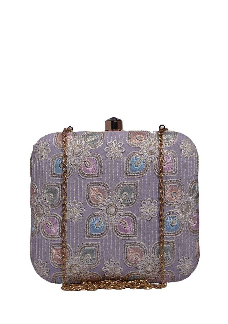 Lavender Satin Embroidered Box Clutch - Indya