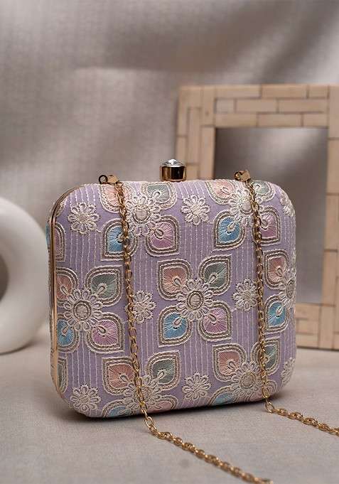 Lavender Satin Embroidered Box Clutch