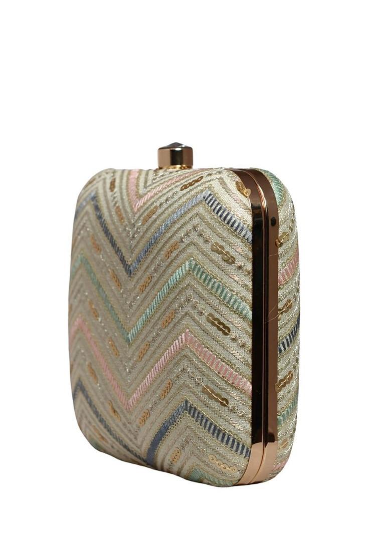 Beige Satin Embroidered Box Clutch