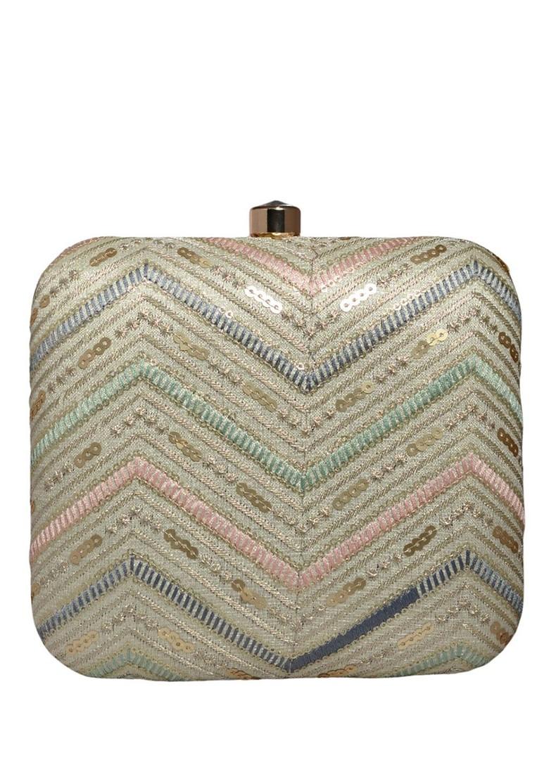 Beige Satin Embroidered Box Clutch