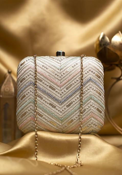 Beige Satin Embroidered Box Clutch
