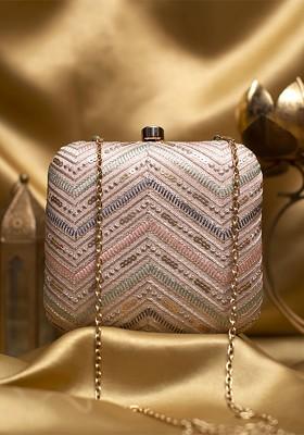 Pink Satin Embroidered Box Clutch