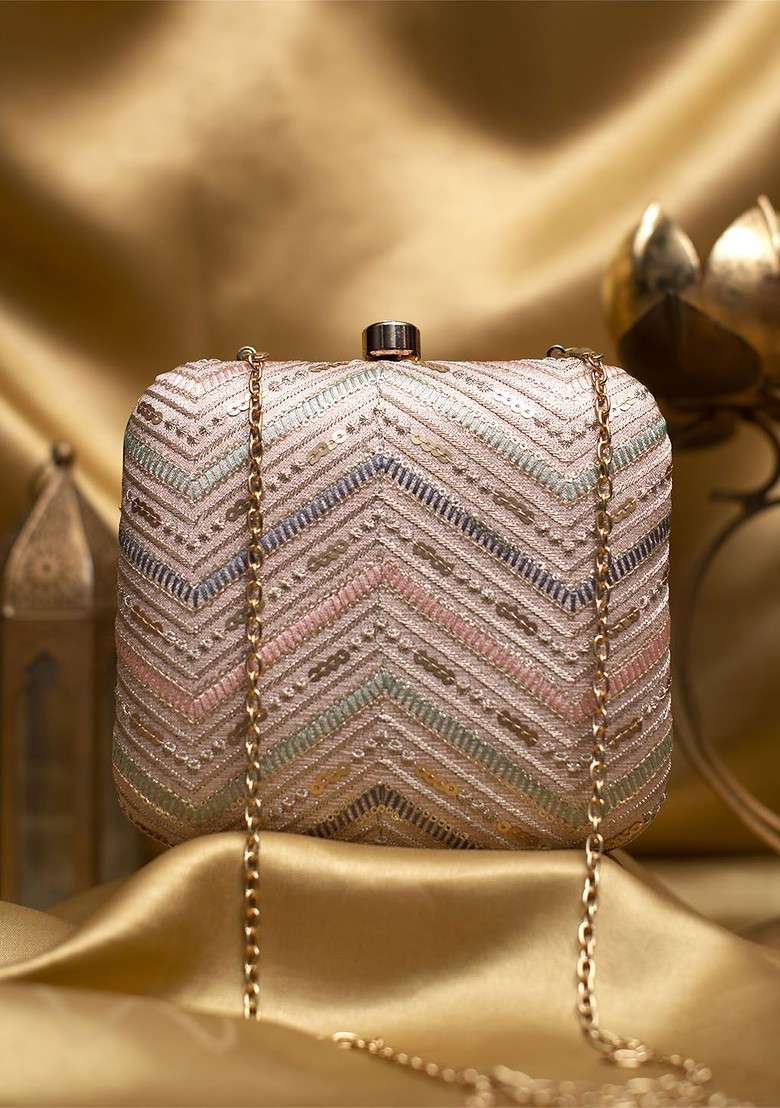 Pink Satin Embroidered Box Clutch - Indya