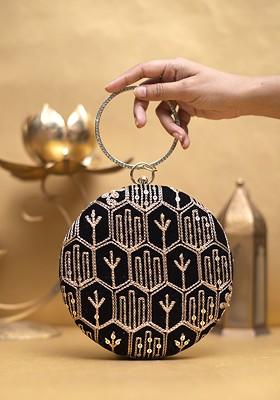 Black Satin Embroidered Box Clutch
