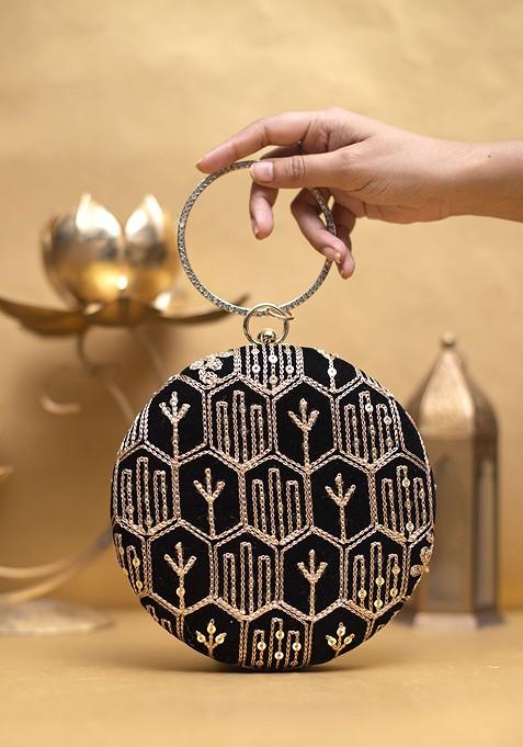 Black Satin Embroidered Box Clutch