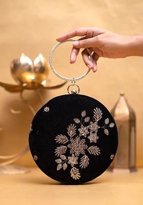 Black Satin Embroidered Box Clutch