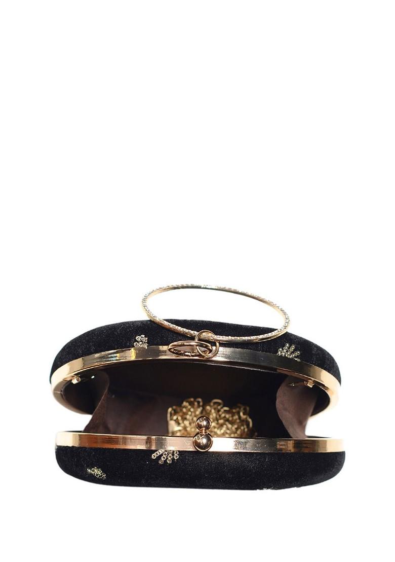 Black Satin Embroidered Box Clutch - Indya