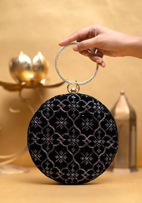 Black Satin Embroidered Embellished Box Clutch