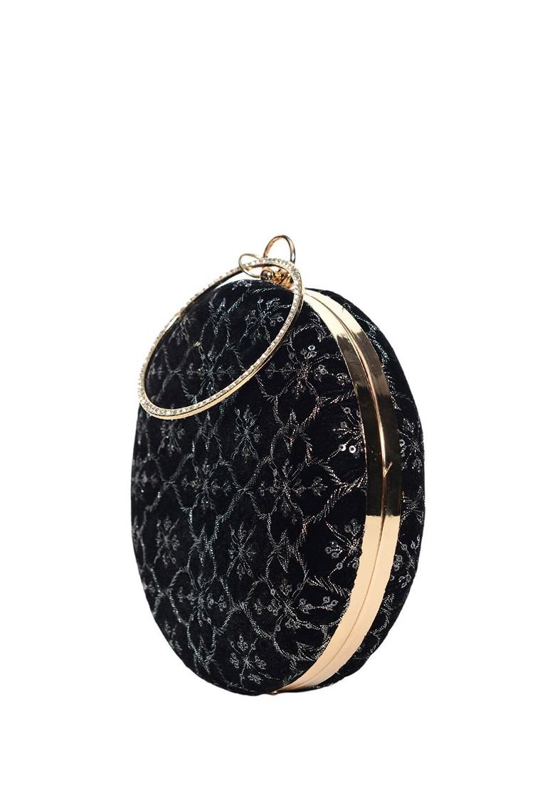 Black Satin Embroidered Embellished Box Clutch - Indya