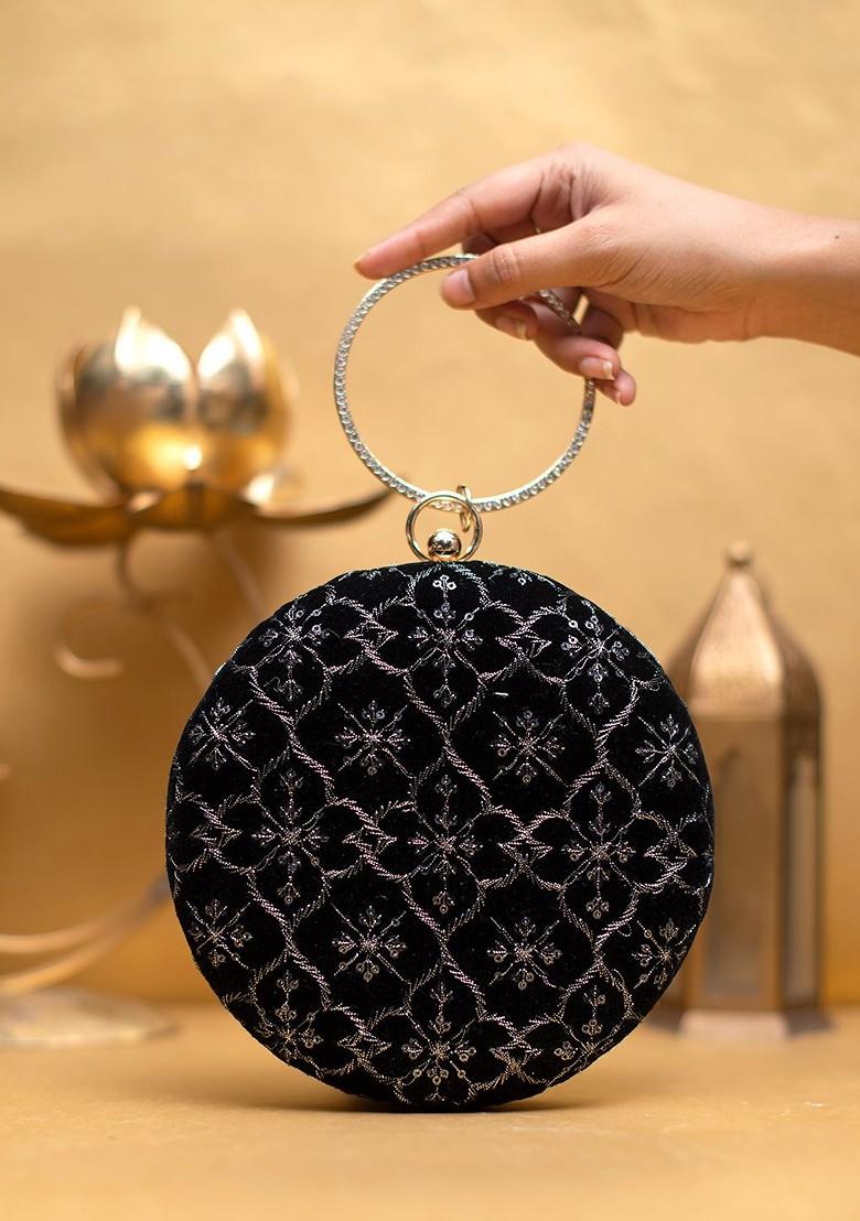 Black Satin Embroidered Embellished Box Clutch - Indya